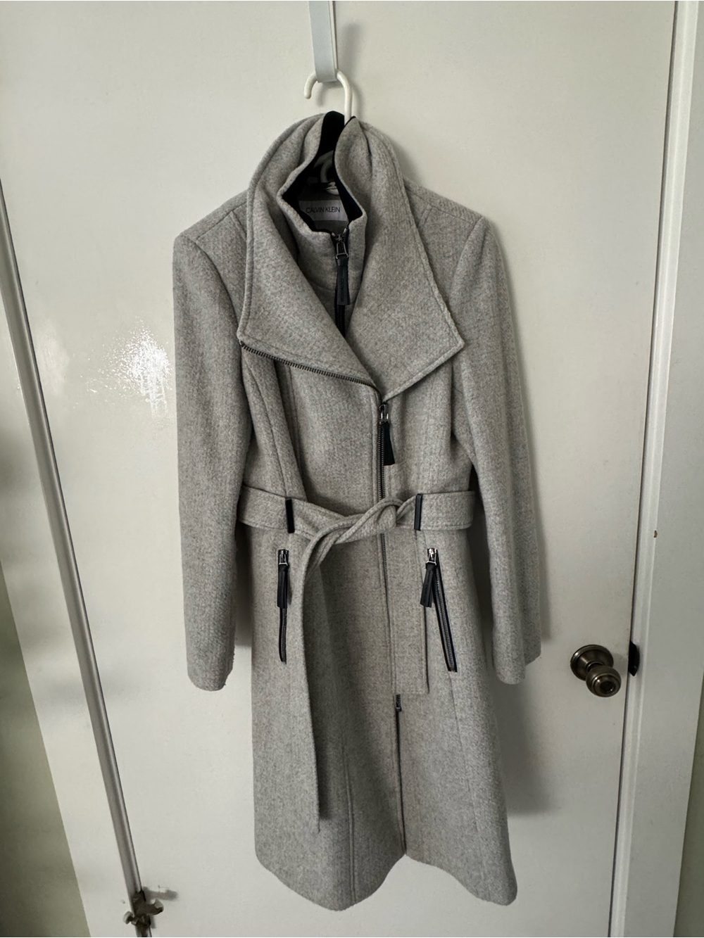 Calvin Klein Gray Wool-Blend Belted Trench Coat with Asymmetrical Zip